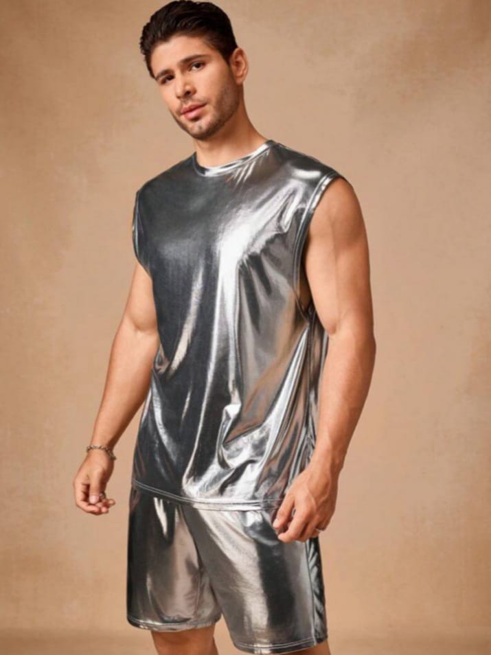 Crystal City Men's Mesh Metallic Fibres Look Sleepwear Tees & Short Set